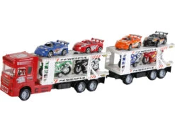 Camion Rojo Friccion Con2 Remolques Y 8 Vehiculos