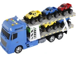 Camion Azul Friccion Con Remolque Y 6 Vehiculos