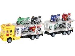 Camion Amarillo Friccion Con2 Remolques Y 8 Vehiculos